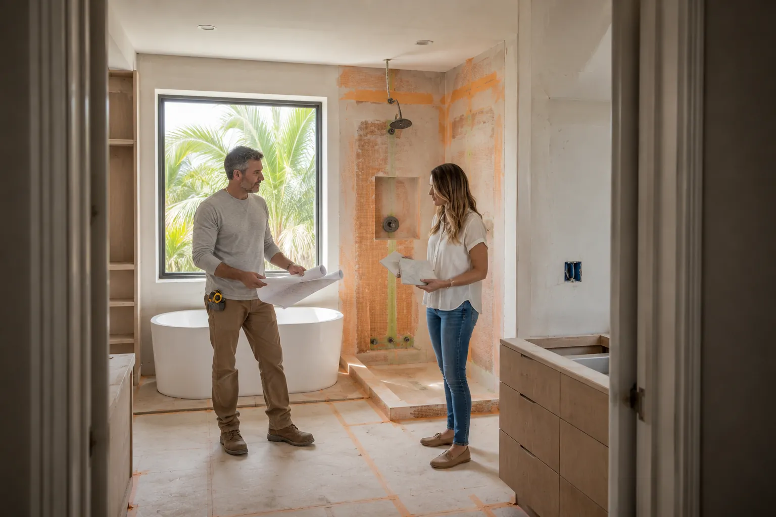 Contractor and homeowner planning a plumbers project in South Florida